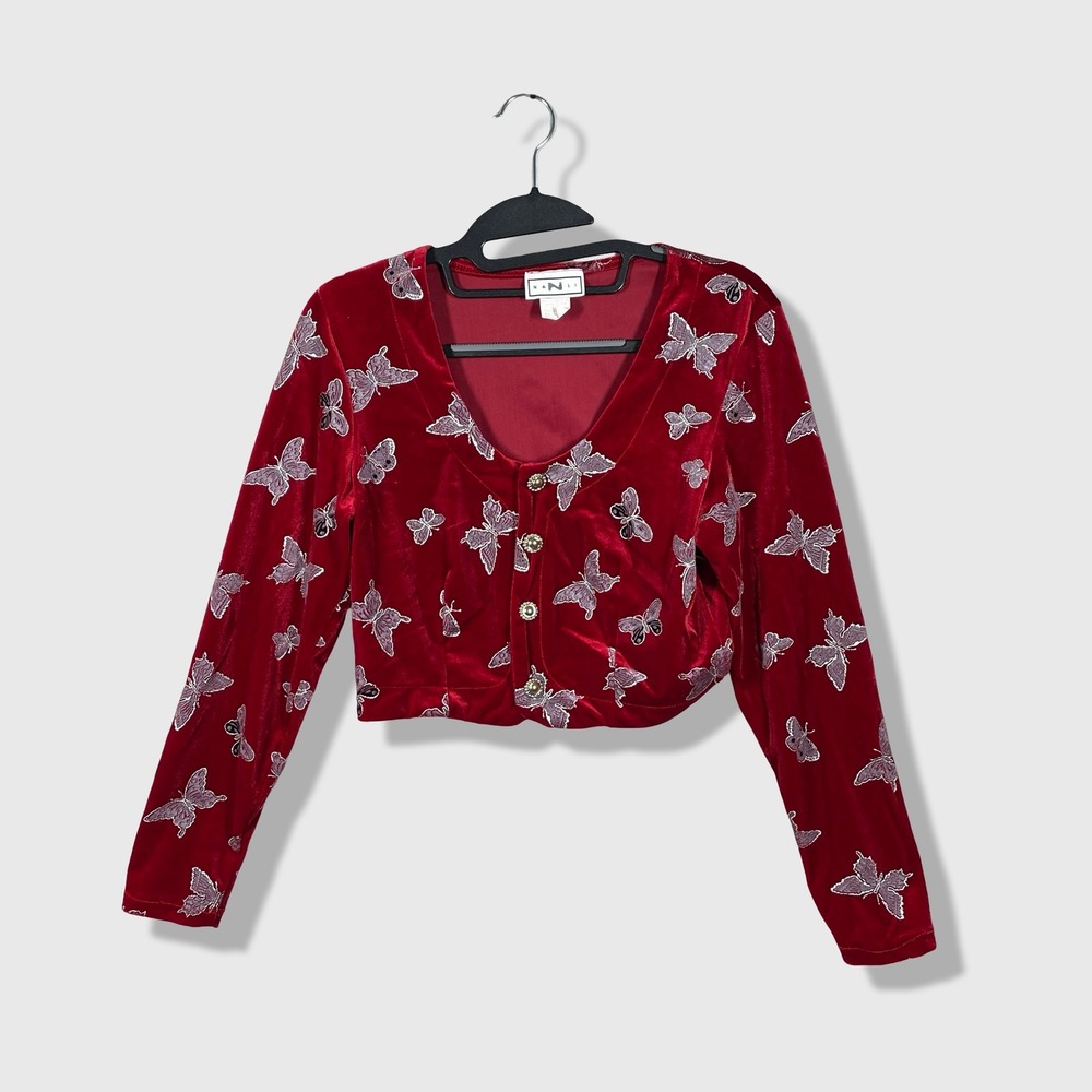 Napoli Velvet Butterfly Cardigan Women Size M Red Y2K Whimsigoth Fairycore